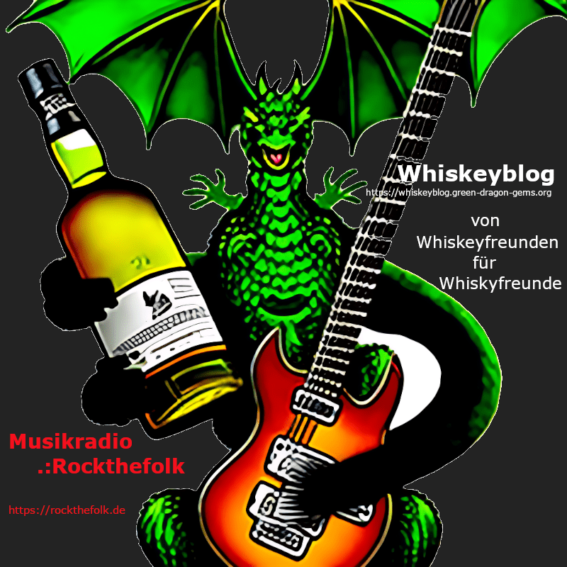 Grüner Drache mit Gitarre und Whisky-Flasche