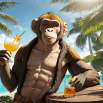 Affe mit Monkey Shoulder und Mixgetränk am Strand